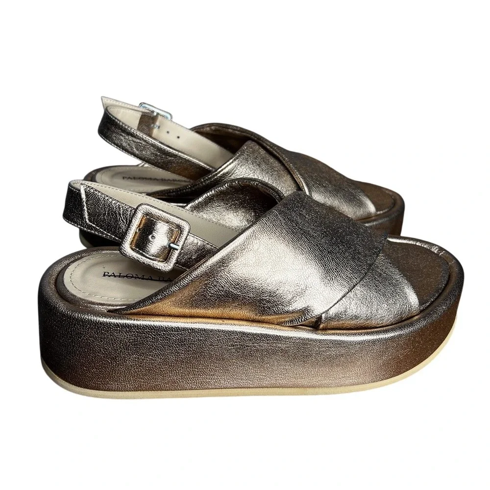 Paloma Barcelo Free People Sima Slingback Sandal Gold Leather Flatform Size 7.5 - Picture 7 of 13
